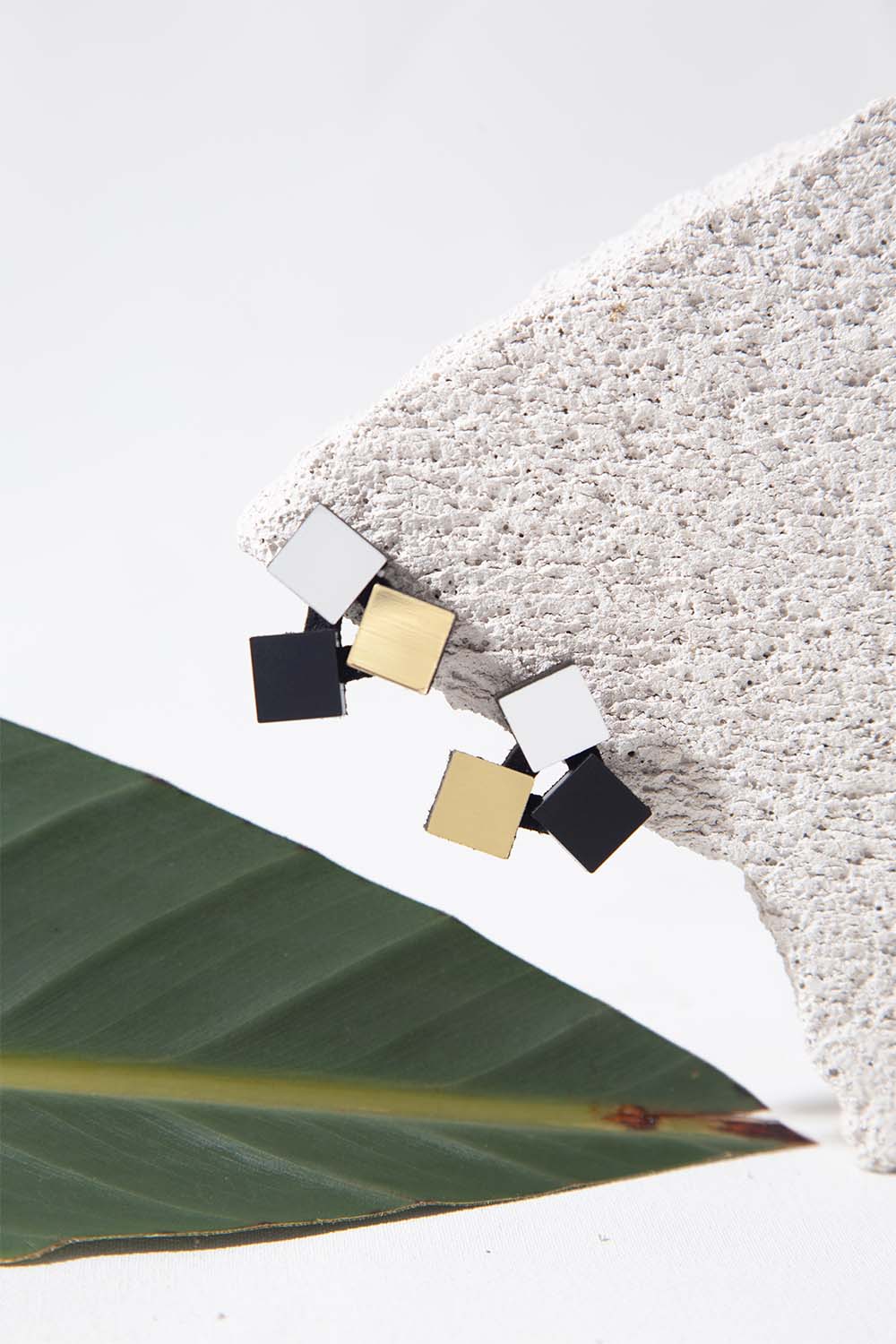 Bauhaus Earrings 3 Squares - Silver/Black/Gold