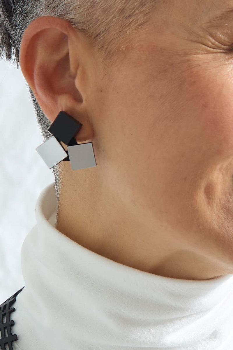 Bauhaus Earrings 3 Squares - Silver/Black*