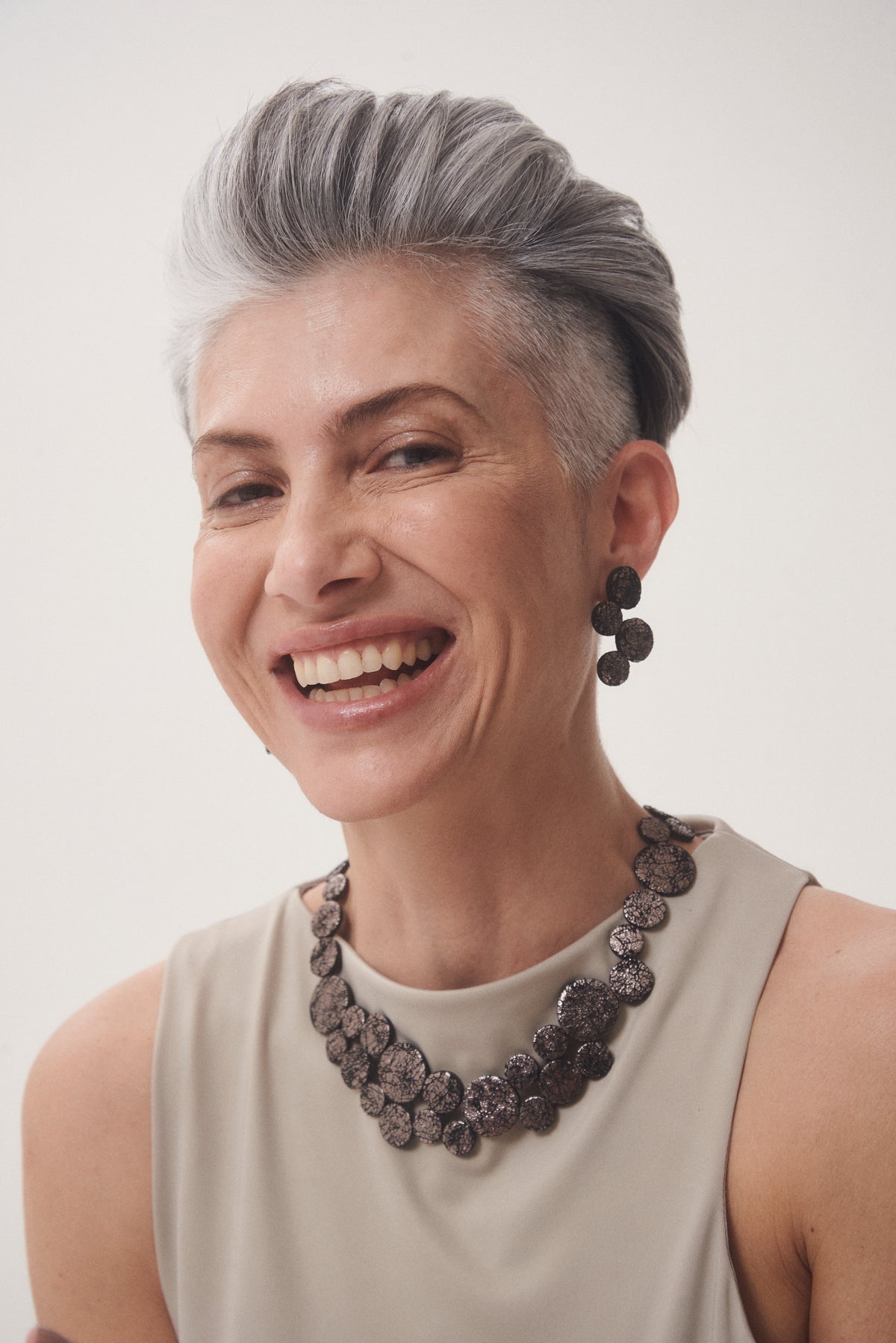 Crackled pewter leather small bib necklace from the Abstraction collection by Iskin Sisters
