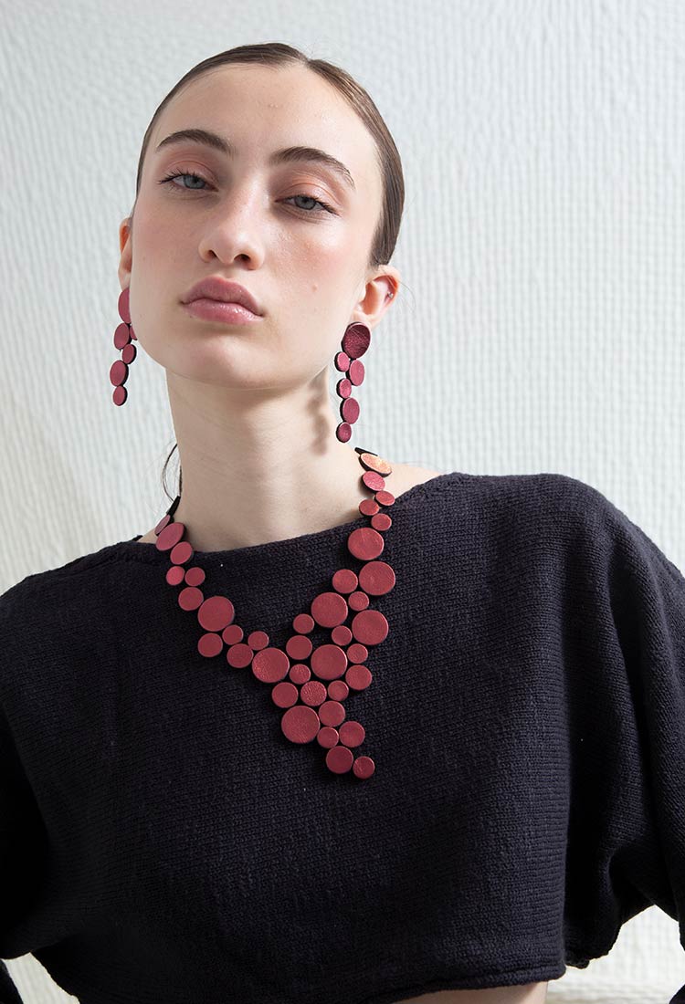 Abstraction burgundy leather necklace with magnetic clasp, handmade contemporary jewelry