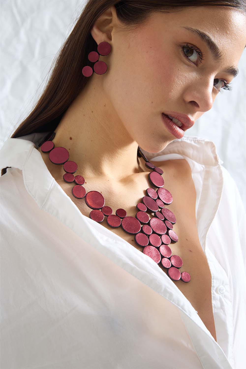 Lightweight burgundy leather statement necklace, Abstraction collection, Iskin Sisters