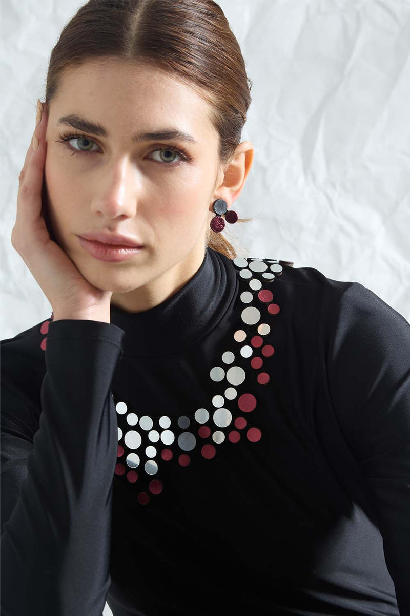 Abstraction Bib Necklace - Silver/Burgundy