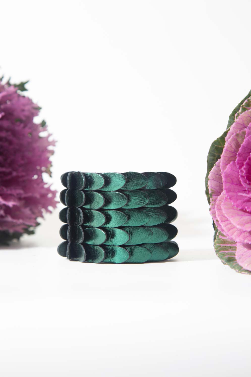 Emma Bracelet in emerald green leather, handmade by Iskin Sisters