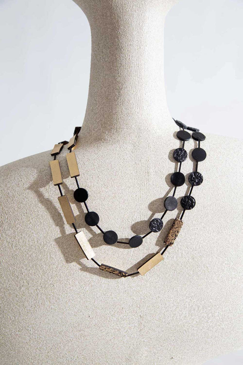 Green Necklace Circle Rectangle - Black+Gold