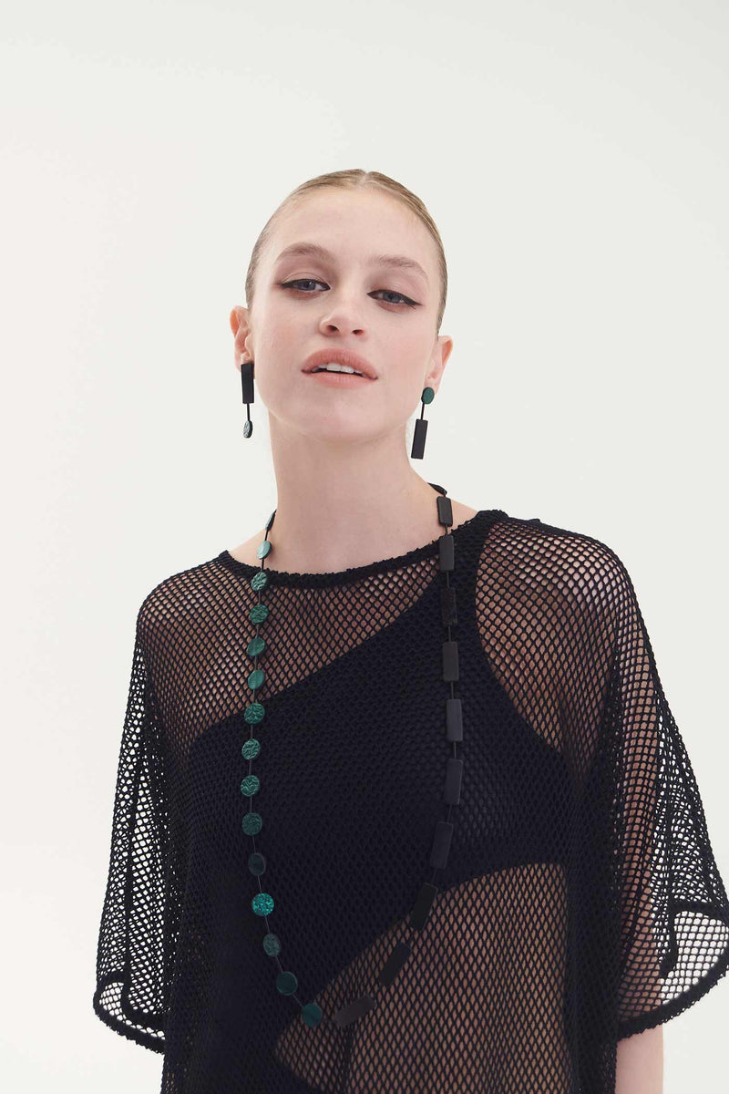 Green Necklace Circle Rectangle - Black+Green