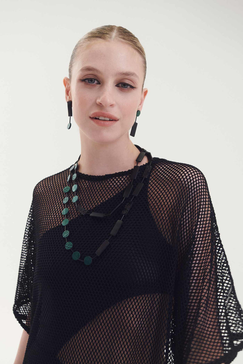 Green Necklace Circle Rectangle - Black+Green