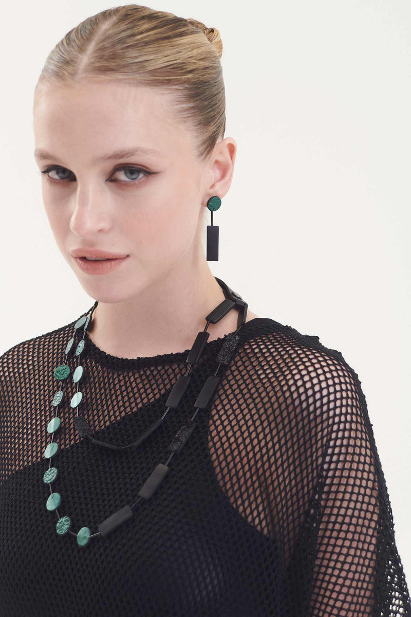 Green Necklace Circle Rectangle - Black+Green