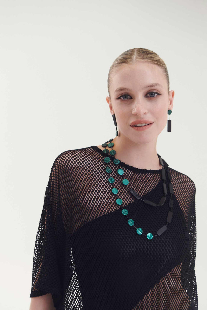 Green Necklace Circle Rectangle - Black+Green
