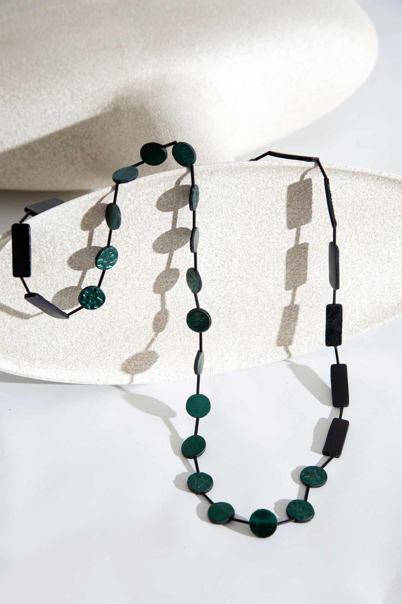 Green Necklace Circle Rectangle - Black+Green