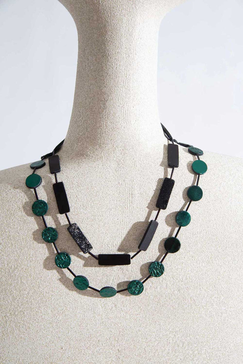 Green Necklace Circle Rectangle - Black+Green