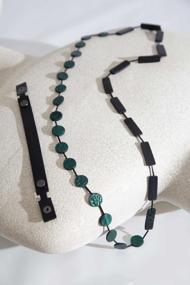 Green Necklace Circle Rectangle - Black+Green