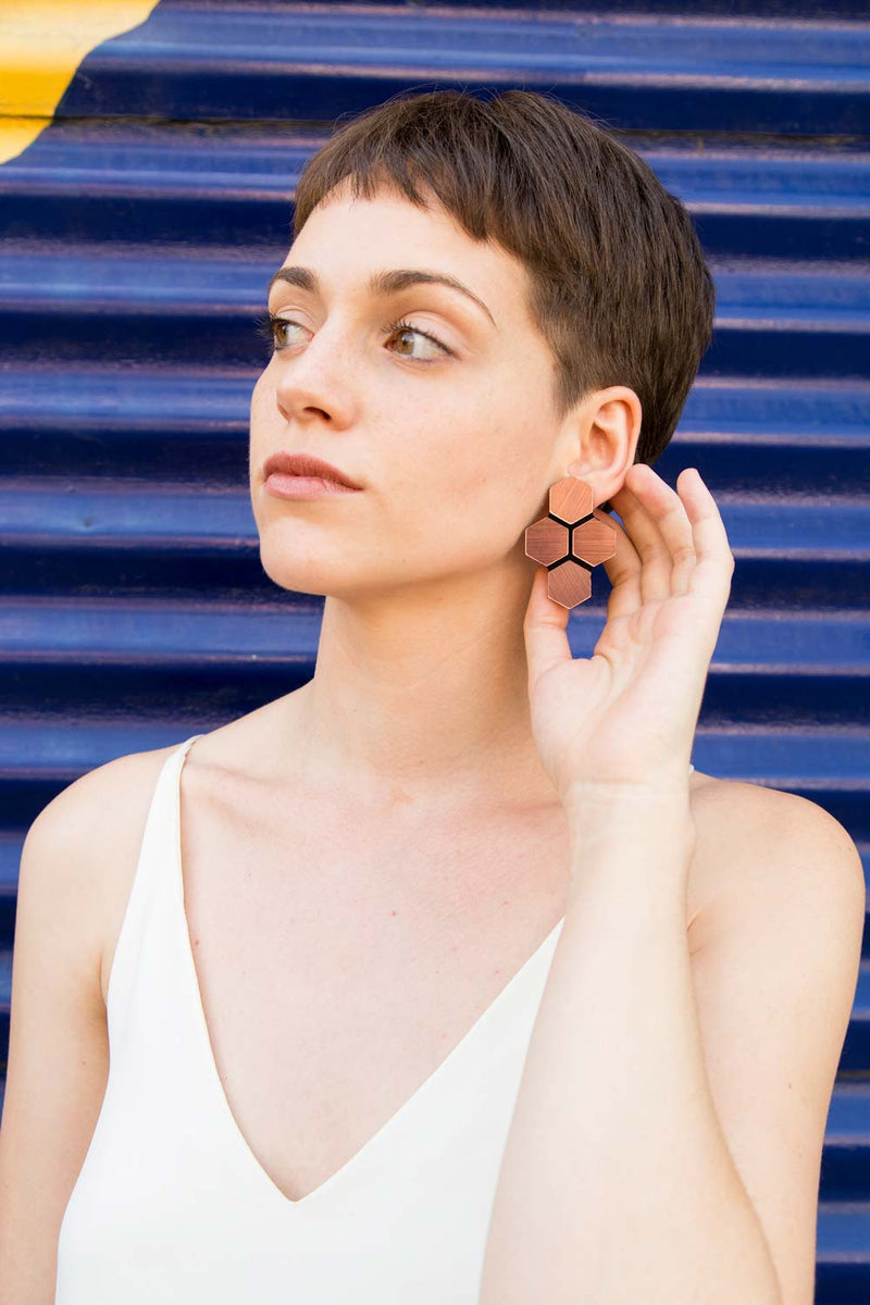 Greta Hexagon Earrings Large - Rose Gold (Copper)