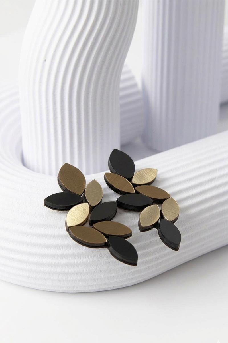 Kate Leaves large clip-on earrings in black and gold acrylic, statement jewelry by Iskin Sisters