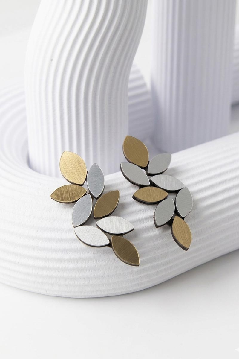 Kate Leaves large clip-on earrings in silver and gold acrylic, statement jewelry by Iskin Sisters
