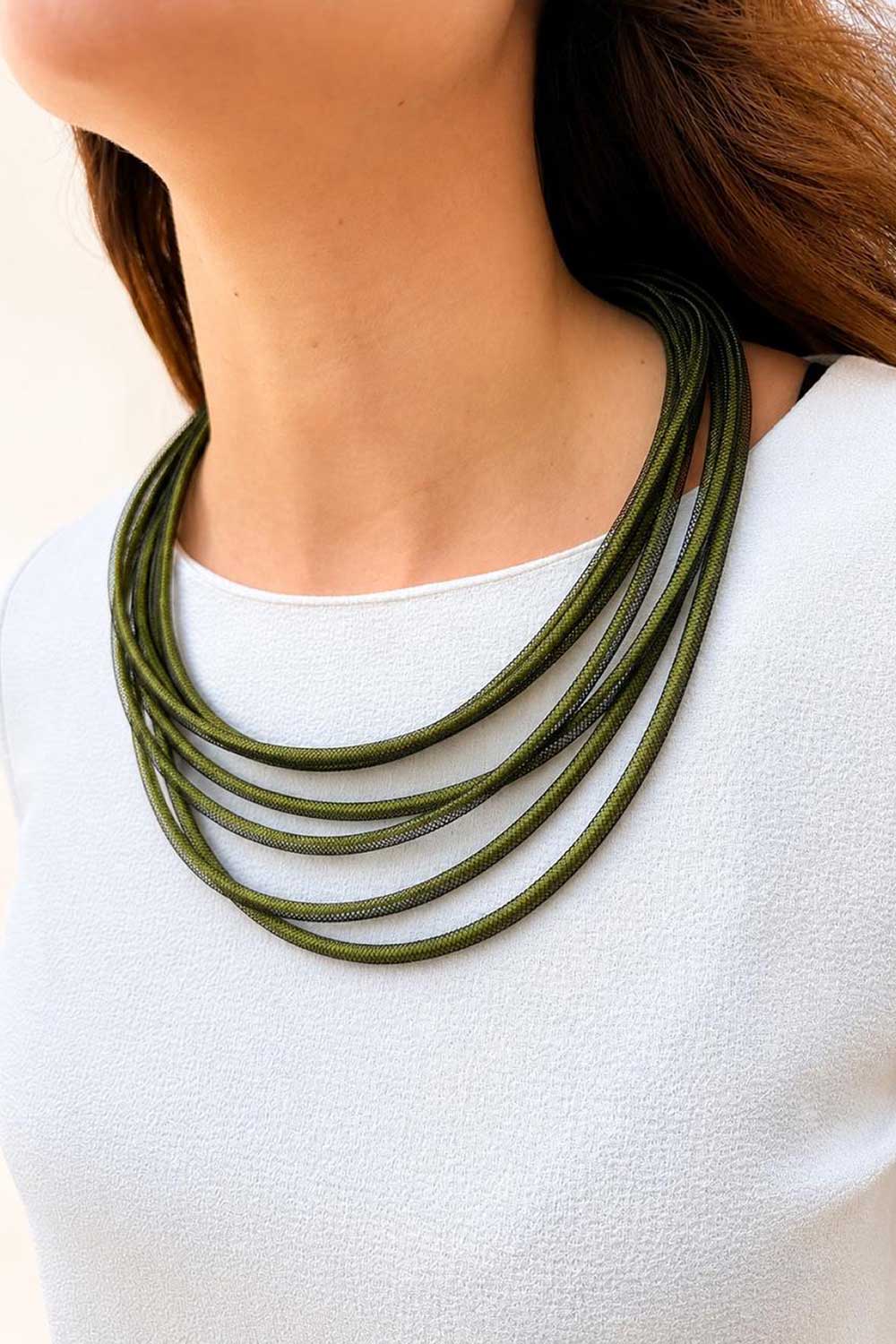 Iskin Sisters Life collection round necklace in green cord, handmade contemporary jewelry, Argentina