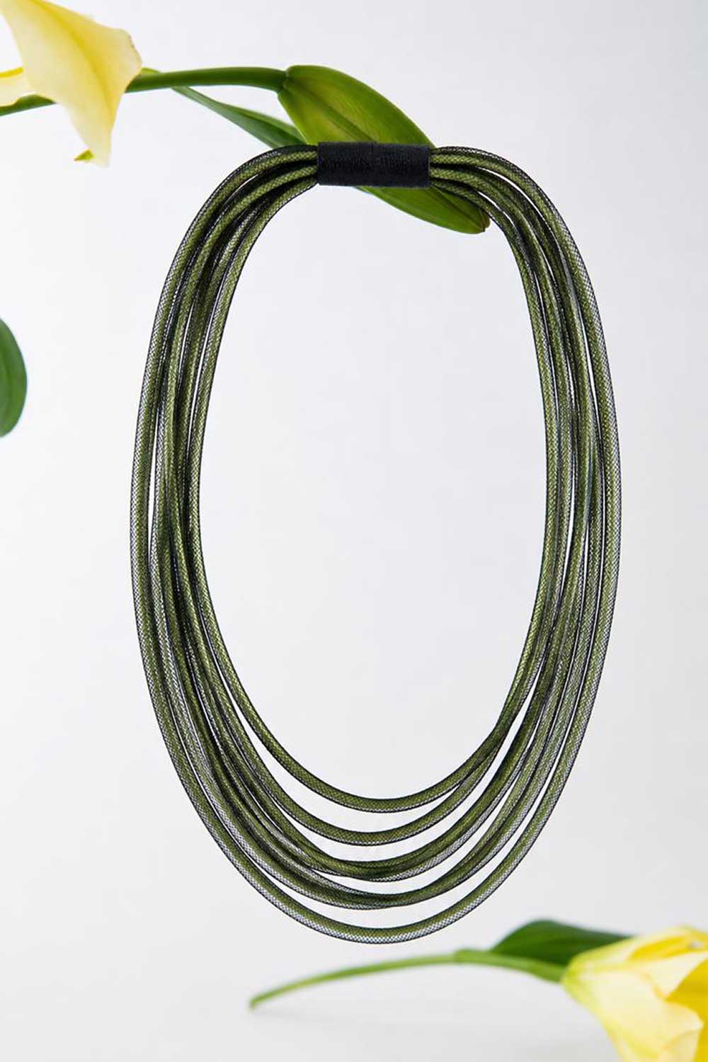 Life Necklace Round by Iskin Sisters, green textile cord bib necklace with magnetic clasp, Argentina