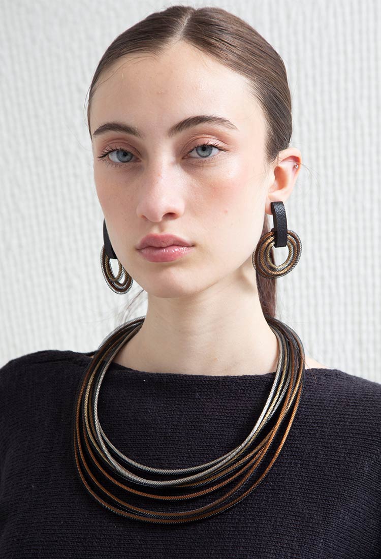 Life Necklace Round by Iskin Sisters in metallic textile cord with magnetic clasp, Argentina