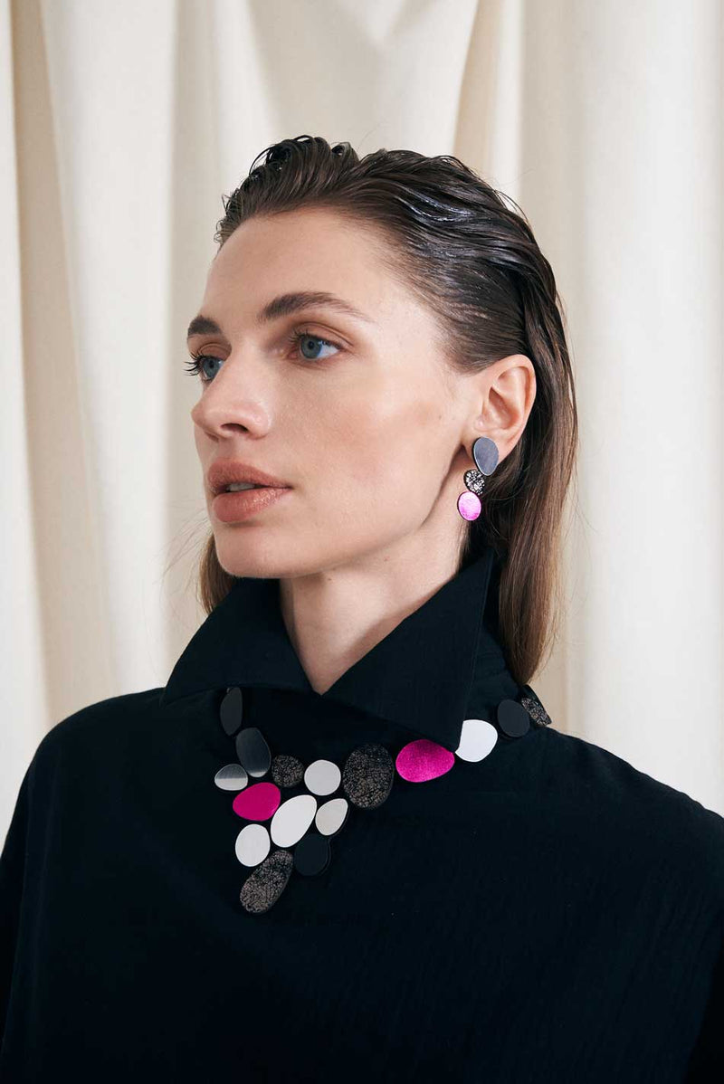 Boucles d'oreilles Réflexions Organiques - Argent+Étain+Fuchsia