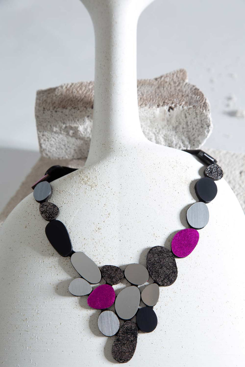 Organic Reflections V Necklace - Silver+Black+Pewter+Fuchsia – Iskin Sisters