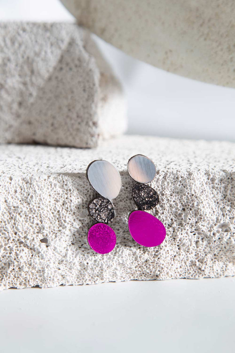 Organic Reflections Earrings - Silver+Pewter+Fuchsia