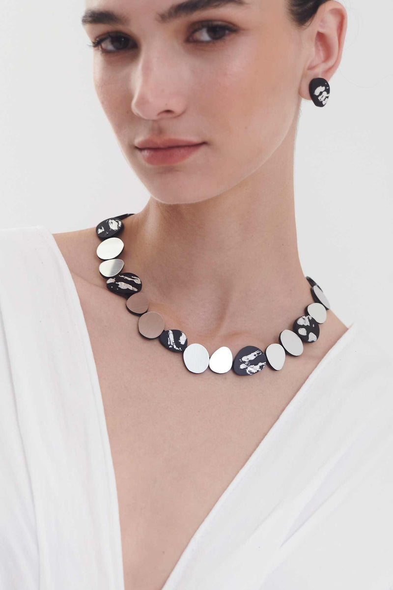 Organic Reflections Round Necklace - Medium Stones - Silver+Black