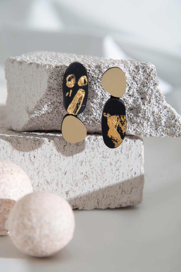 Organic Reflections Earrings 2 Stones - Black+Gold