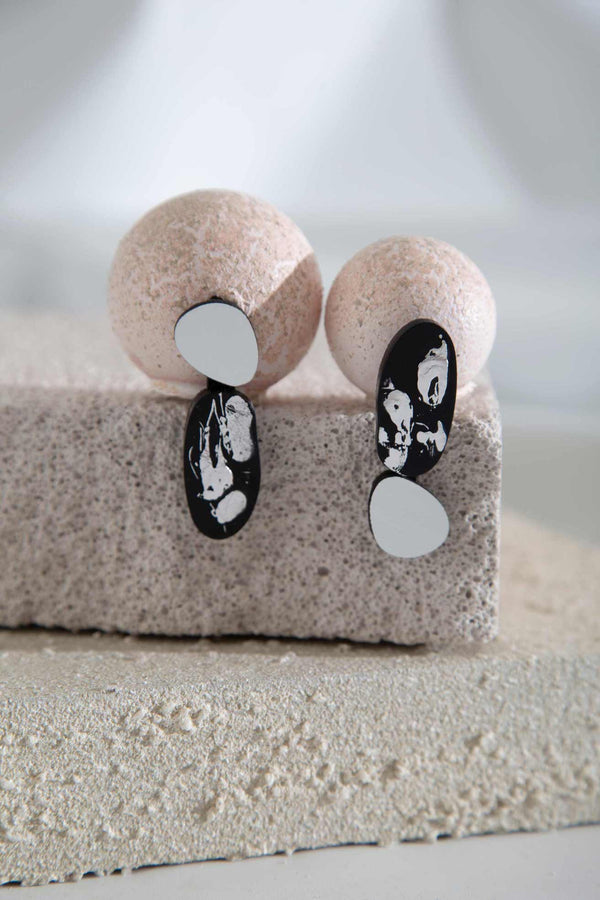 Organic Reflections Earrings 2 Stones - Silver+Black