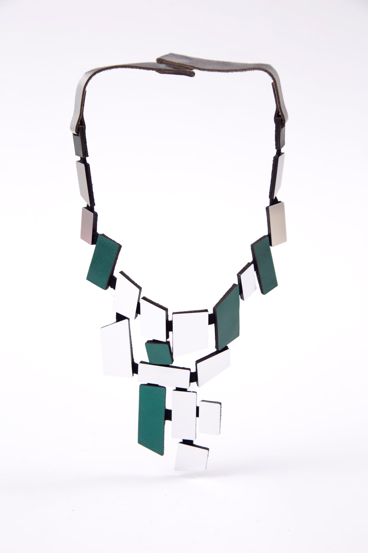 V-shaped statement necklace in silver and green, Piet collection by Iskin Sisters