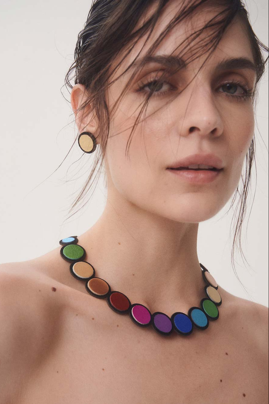 Slow-fashion statement necklace in multicolor hand-cut leather, Rainbow collection by Iskin Sisters