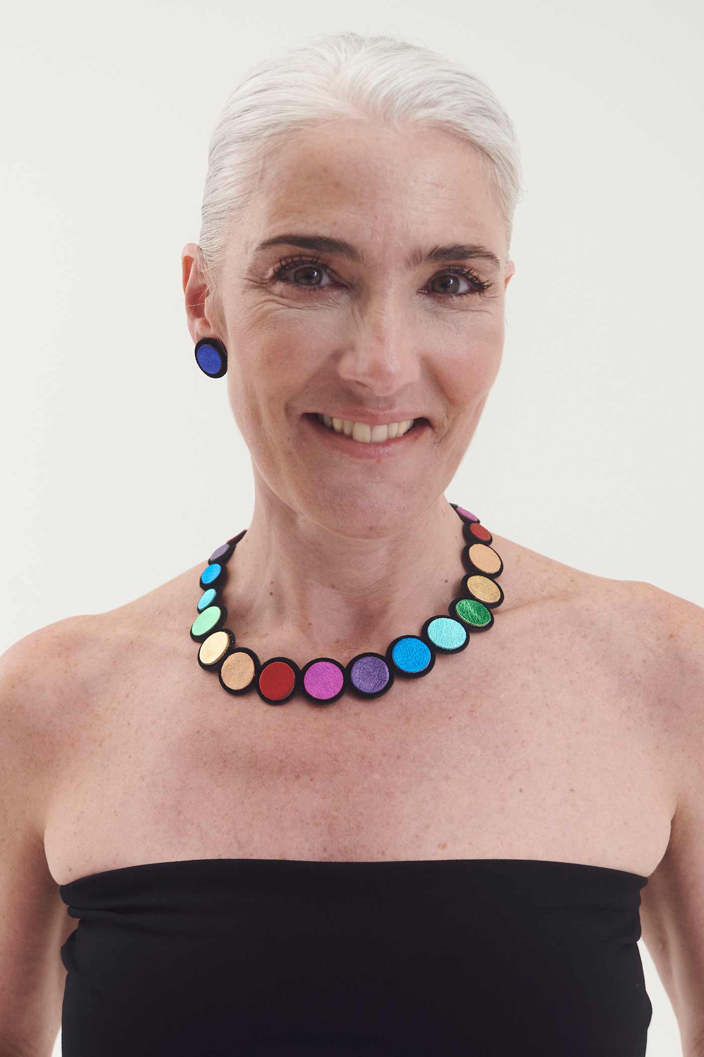 Rainbow collection bib necklace in hand-cut leather, contemporary jewelry by Iskin Sisters