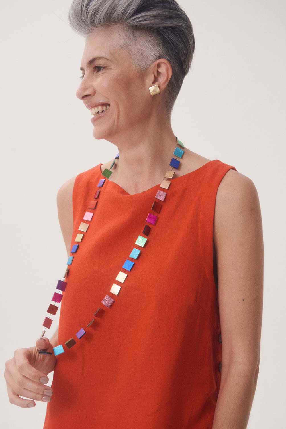Handmade long square necklace in rainbow leather, contemporary design by Iskin Sisters, Argentina