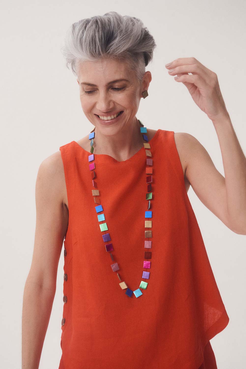 Rainbow Necklace Square Long by Iskin Sisters in multicolor hand-cut leather squares, Argentina