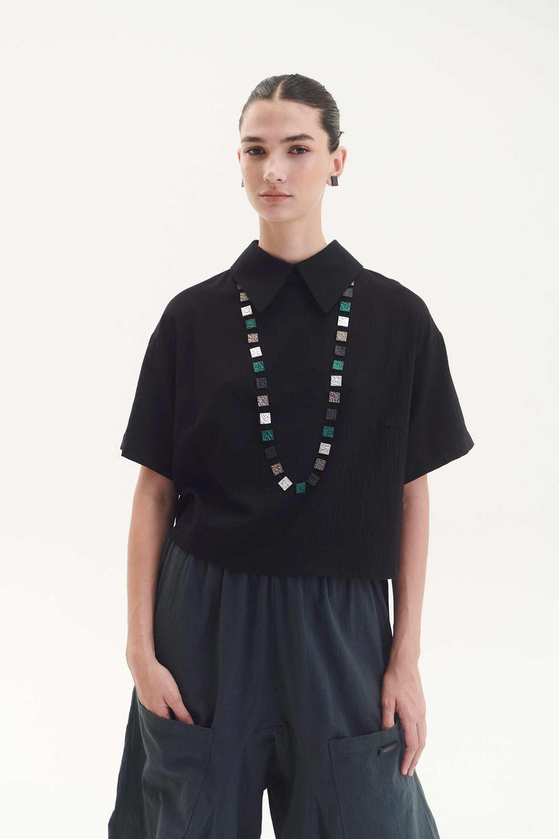 Collier Arc-en-Ciel Carré Long - Argent+Noir+Étain+Vert