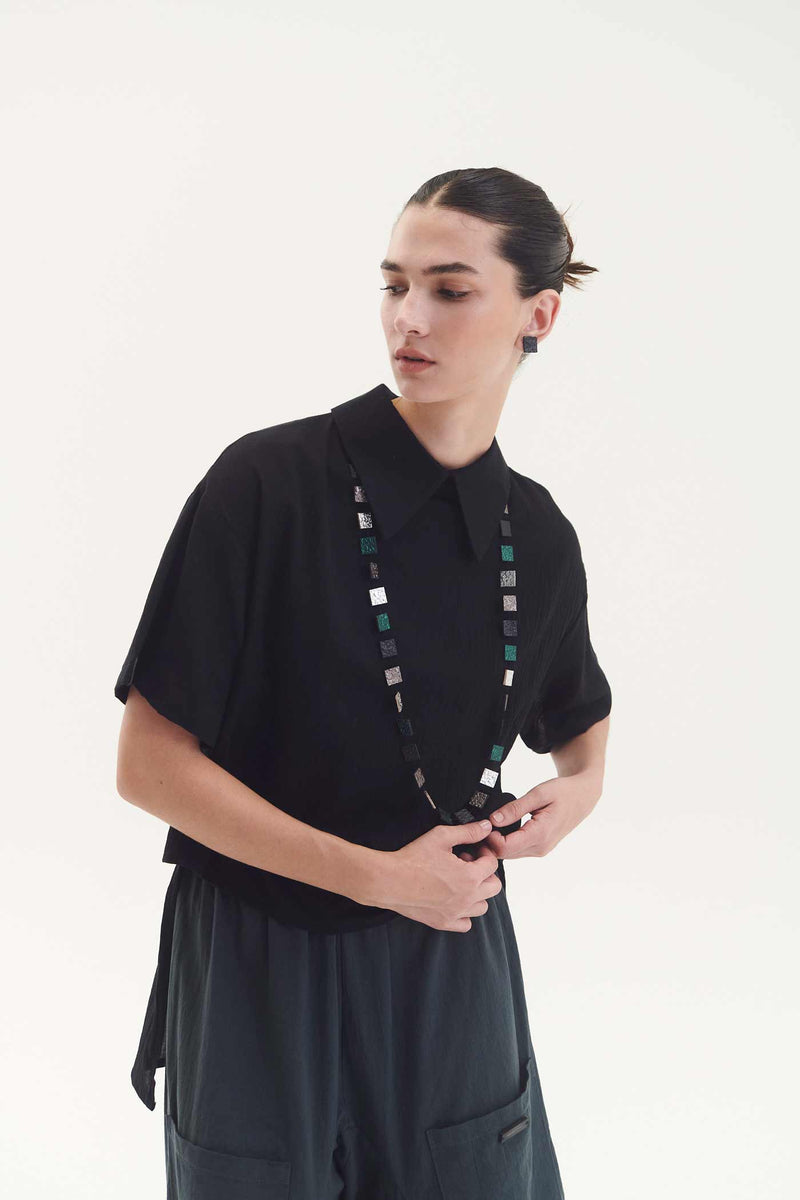 Collier Arc-en-Ciel Carré Long - Argent+Noir+Étain+Vert
