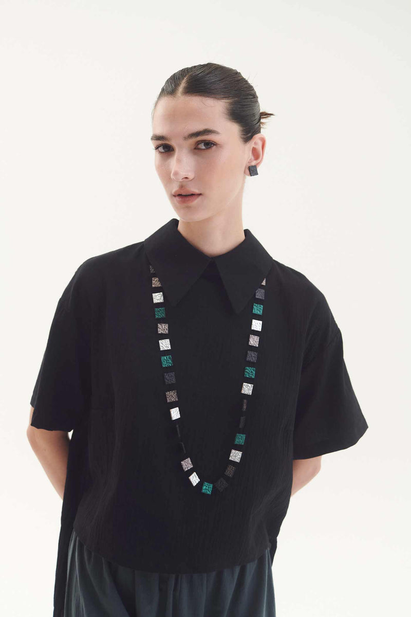 Collier Arc-en-Ciel Carré Long - Argent+Noir+Étain+Vert