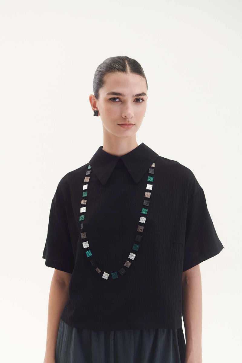 Collier Arc-en-Ciel Carré Long - Argent+Noir+Étain+Vert