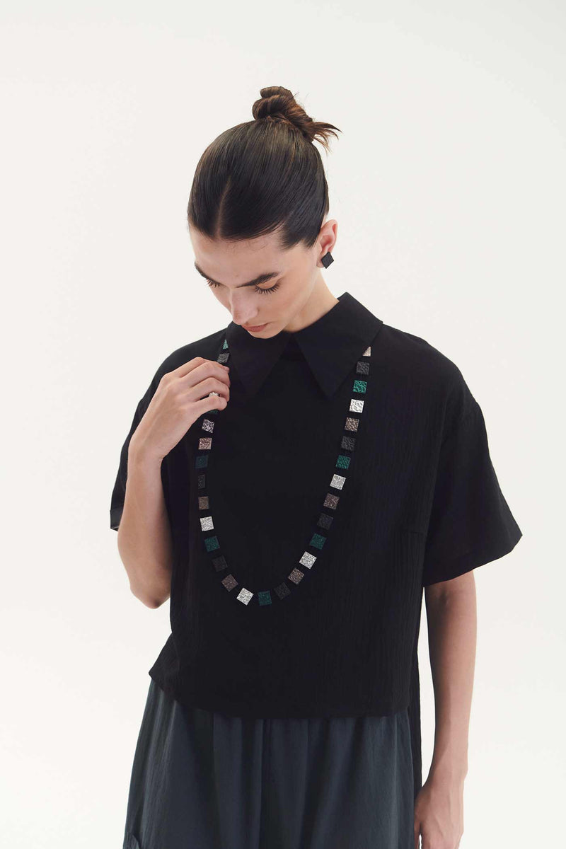 Collier Arc-en-Ciel Carré Long - Argent+Noir+Étain+Vert
