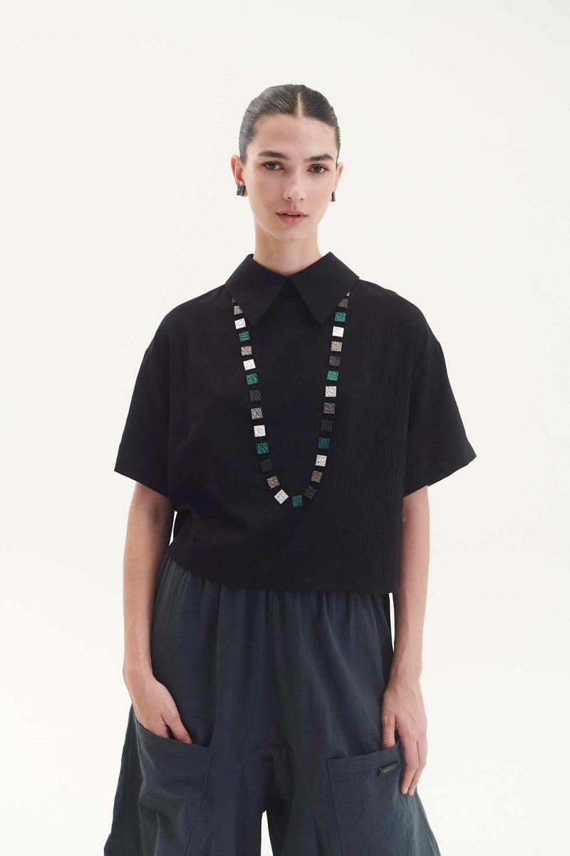 Collier Arc-en-Ciel Carré Long - Argent+Noir+Étain+Vert