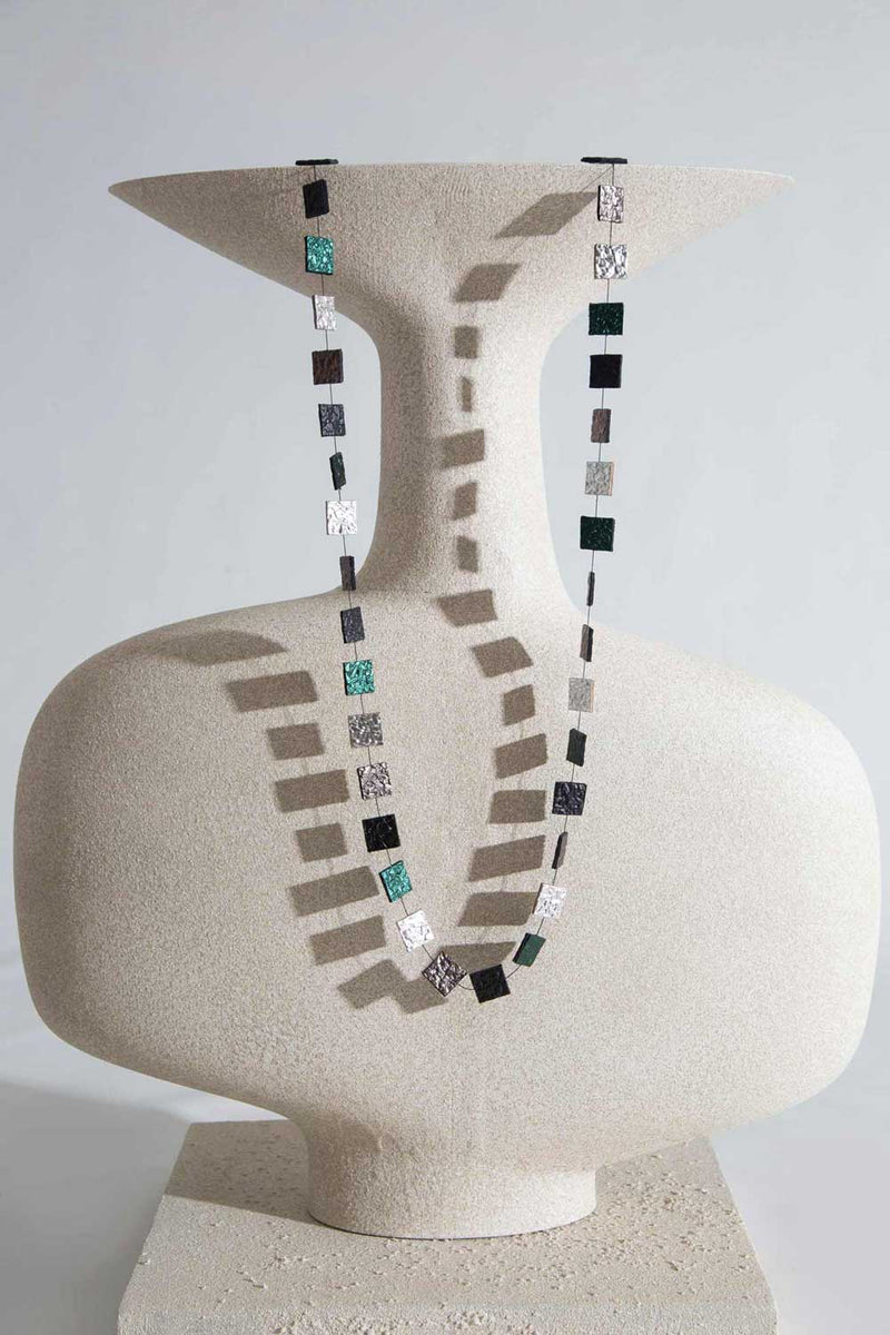 Collier Arc-en-Ciel Carré Long - Argent+Noir+Étain+Vert
