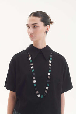 Collier Arc-en-Ciel Carré Long - Argent+Noir+Étain+Vert