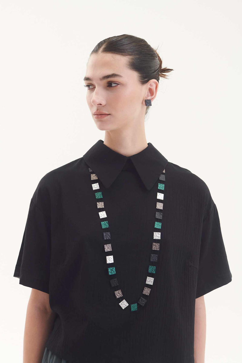 Collier Arc-en-Ciel Carré Long - Argent+Noir+Étain+Vert