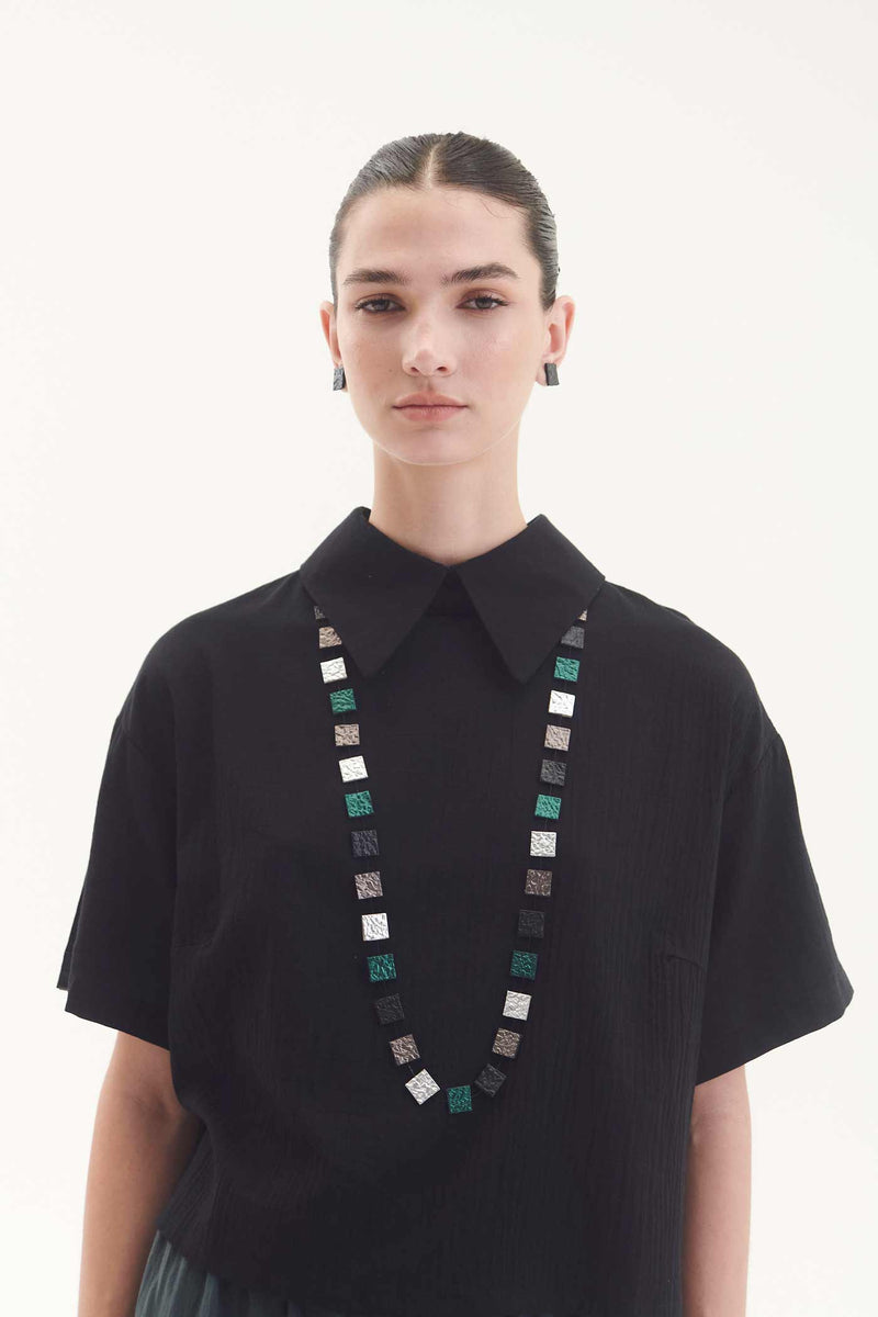 Collier Arc-en-Ciel Carré Long - Argent+Noir+Étain+Vert