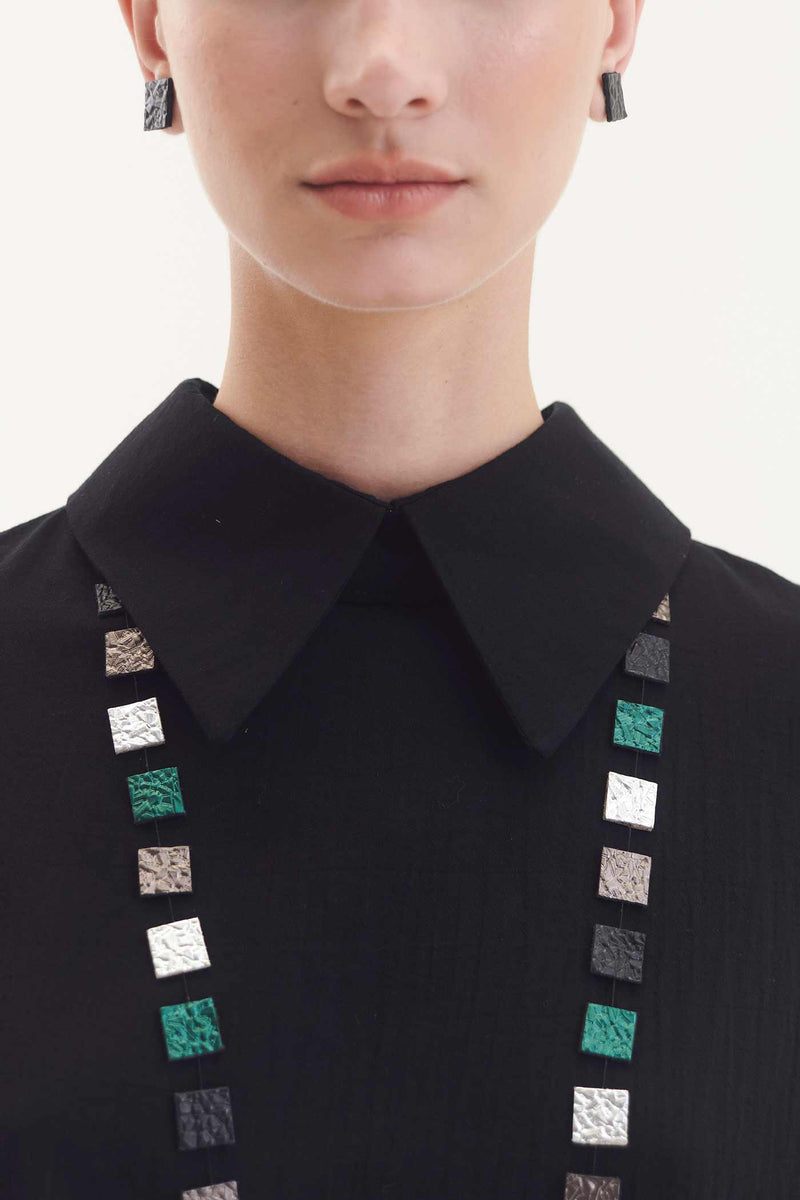 Collier Arc-en-Ciel Carré Long - Argent+Noir+Étain+Vert