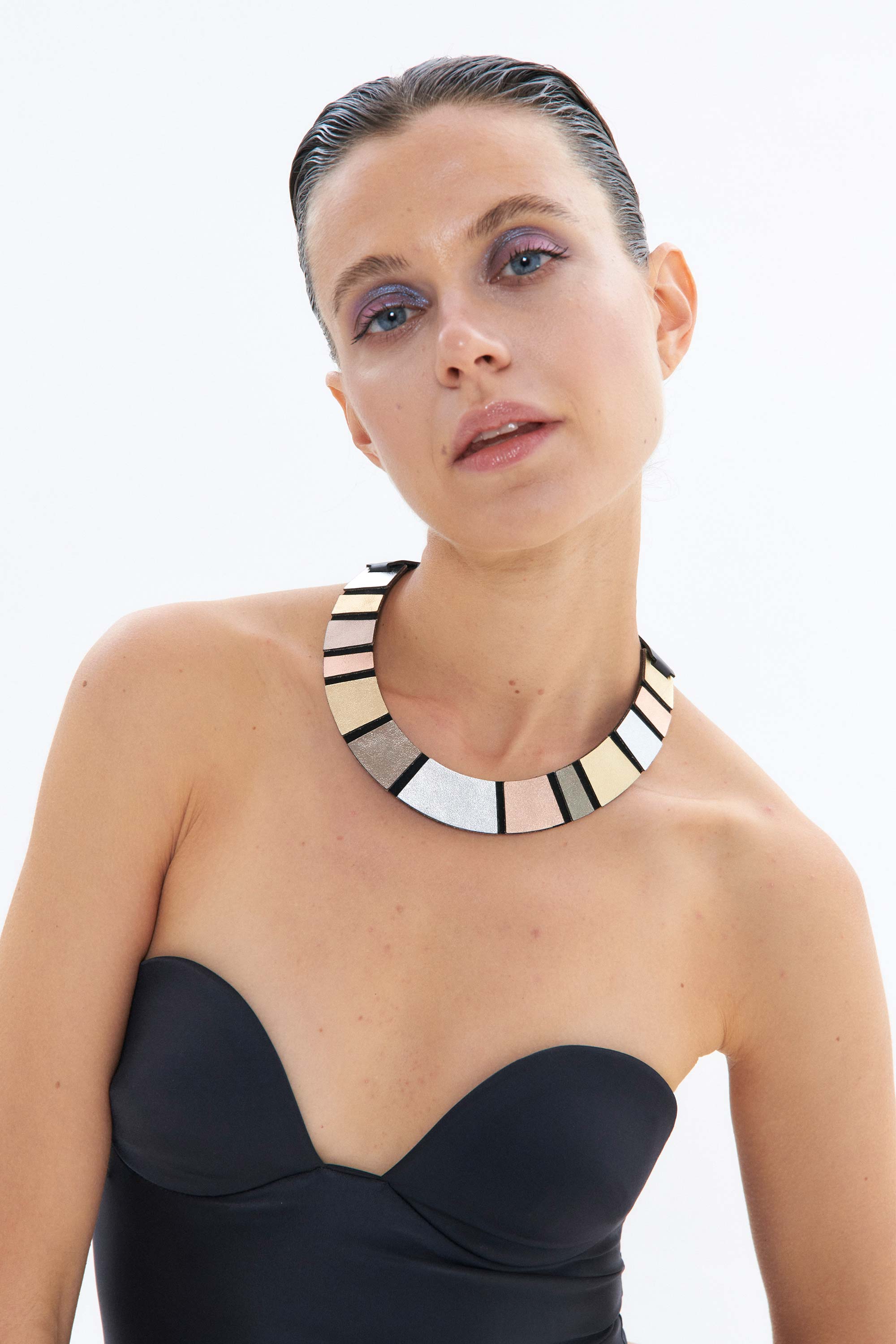 Handmade Rainbow metallic round necklace with magnetic clasp, Iskin Sisters contemporary design