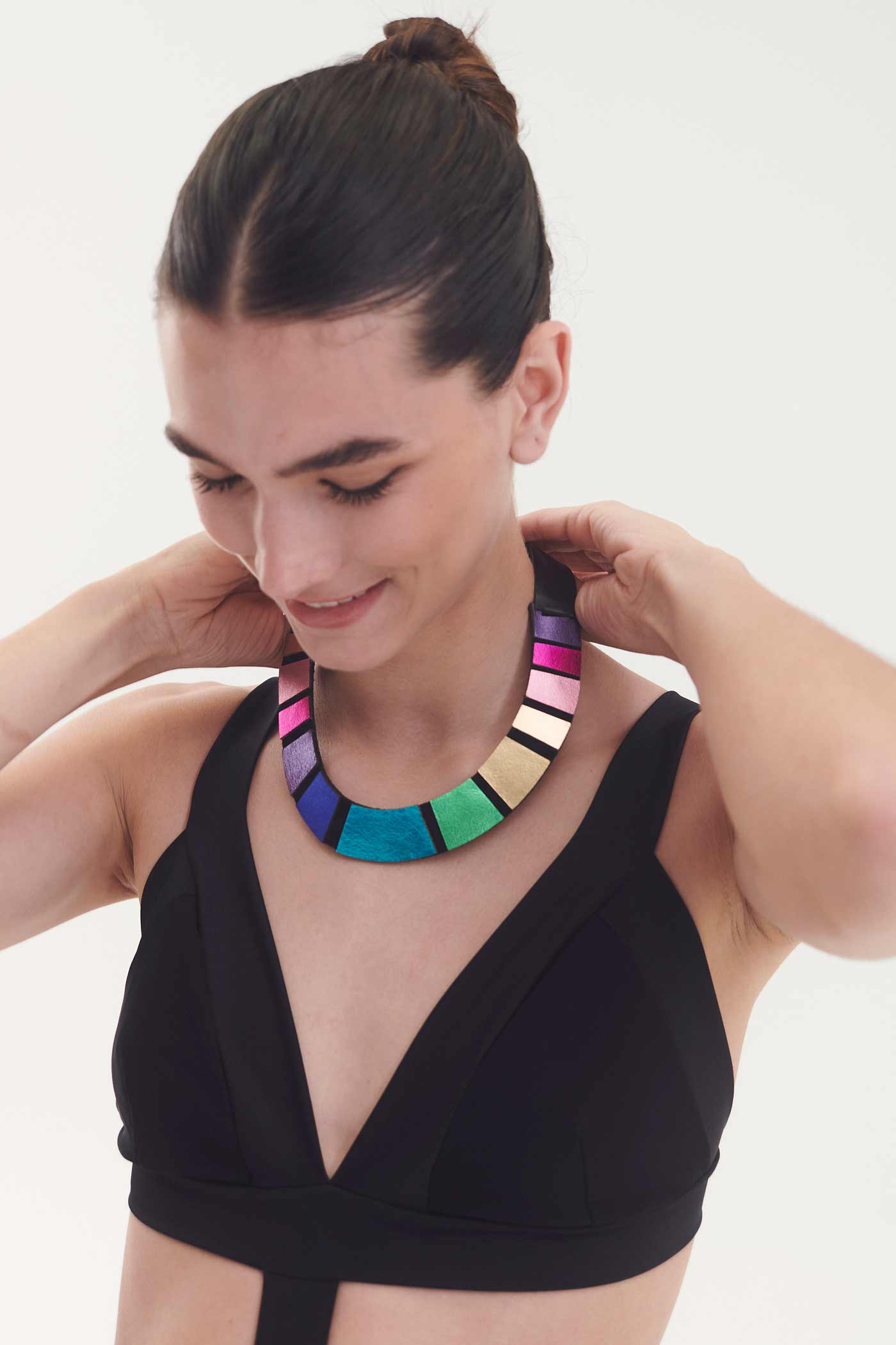 Contemporary round bib necklace in hand-cut leather, Rainbow collection by Iskin Sisters, handcrafted by Iskin Sisters