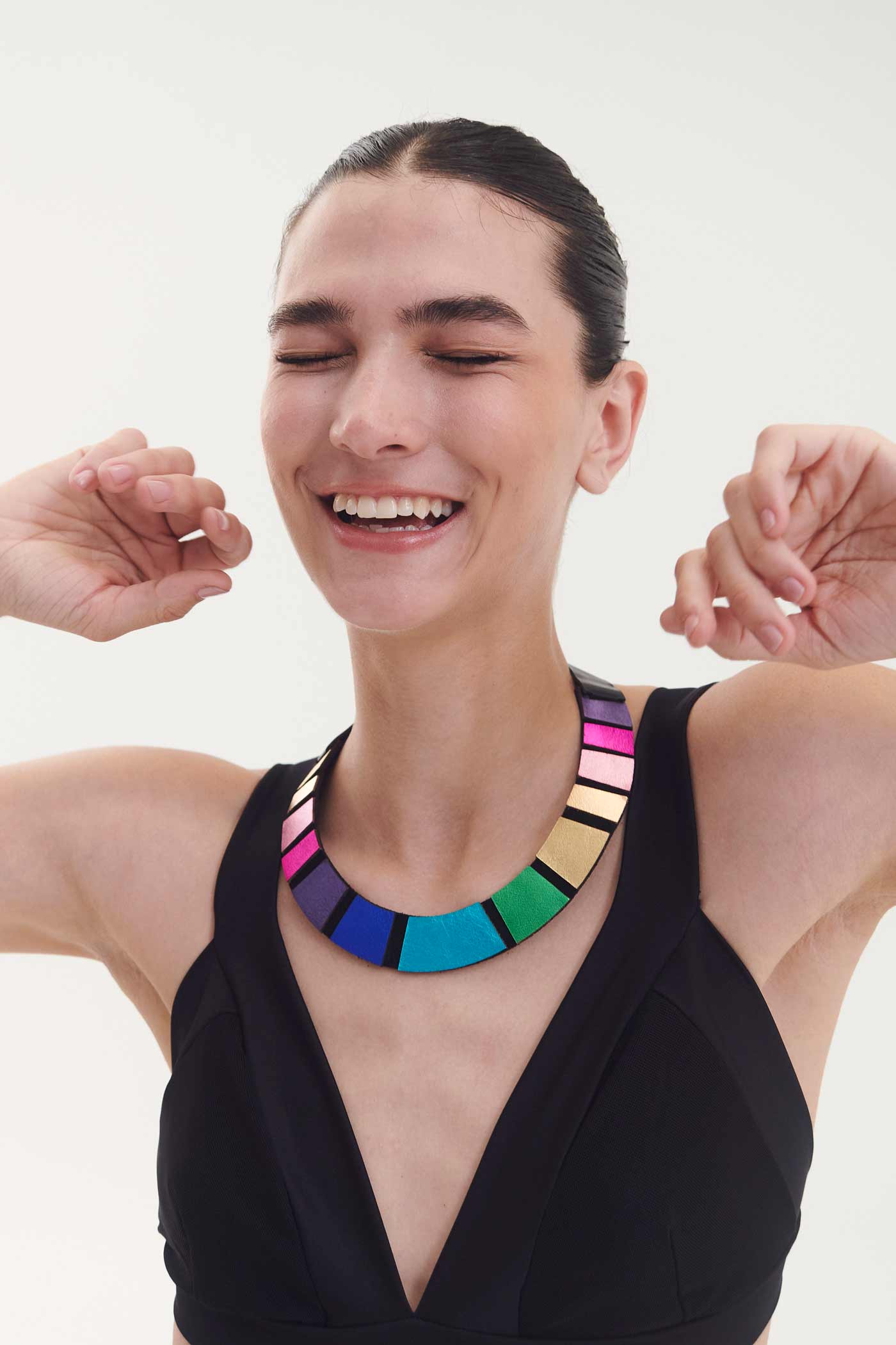 Rainbow Necklace Round by Iskin Sisters, multicolor hand-cut leather bib necklace with magnetic clasp