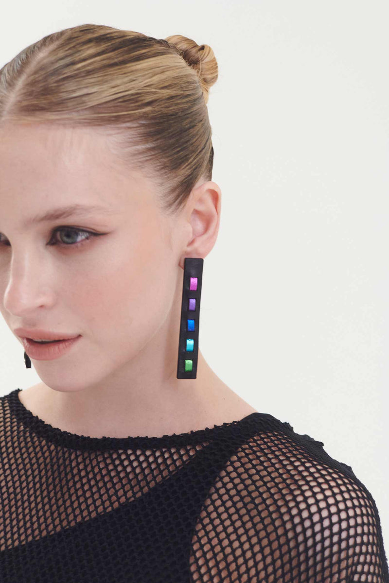 Rainbow Threads Earrings Long - Black/Cool Colors