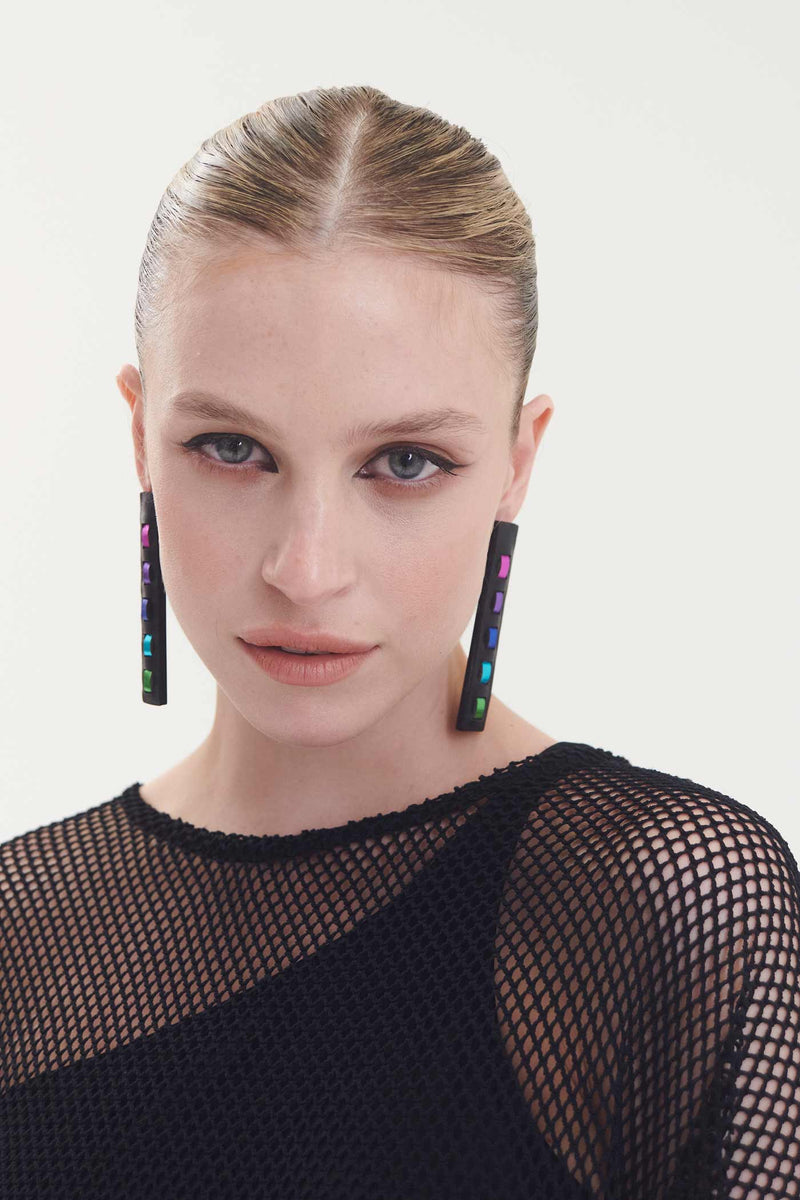 Rainbow Threads Earrings Long - Black/Cool Colors