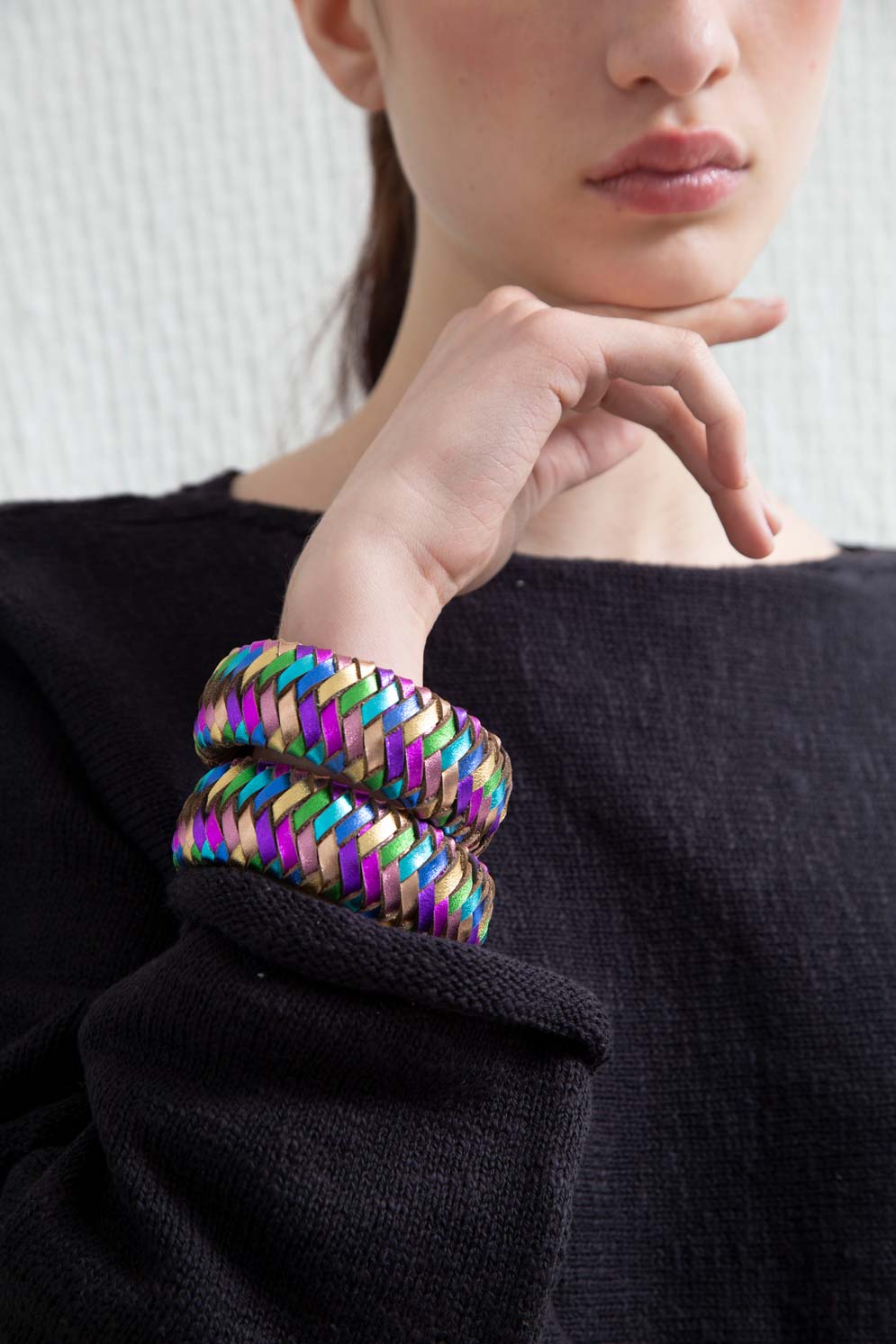 Multicolor hand-woven leather bracelet from the Rainbow collection by Iskin Sisters, Buenos Aires
