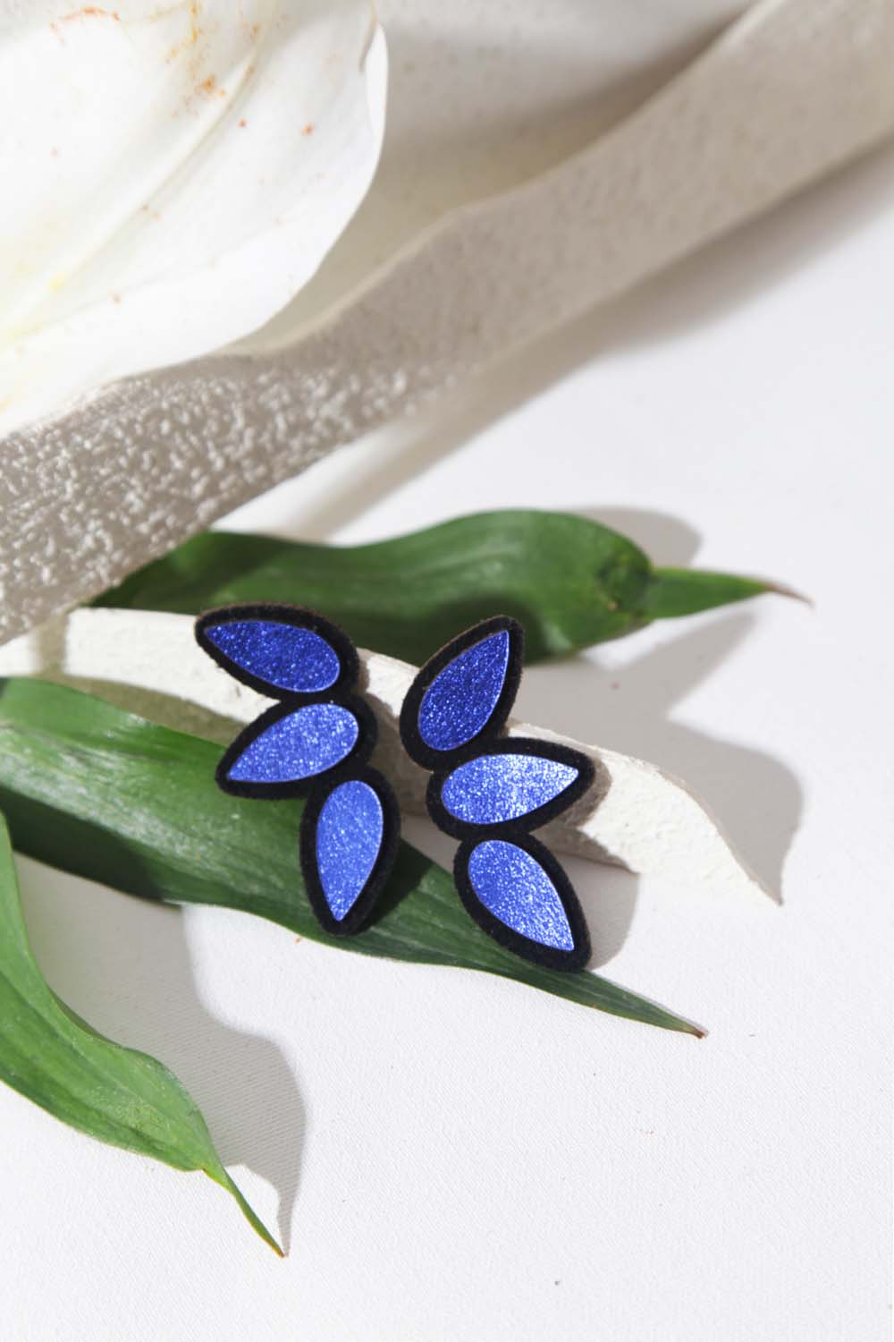 Raindrop Earrings Small by Iskin Sisters in blue hand-cut leather, handmade contemporary jewelry